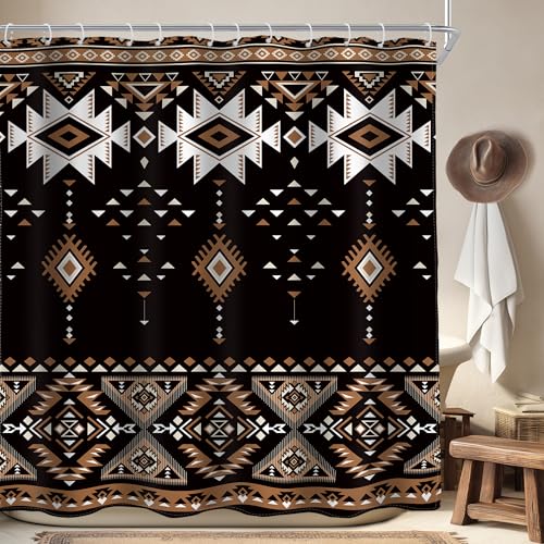 AMBZEK Black Western Aztec Shower Curtain 72Wx72L Inch Abstract Tribal Ethnic Boho Southwestern Brown Geometric Retro Native Neutral Fabric Waterproof Polyester Bathroom Decor Set with 12 Pack Hook