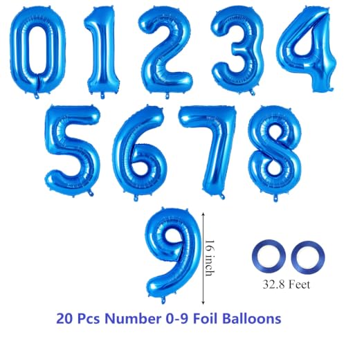 Image of 20 Pcs 16 Inch Blue Number 0-9 balloons, Number Foil Balloons, Small Mylar Numbers Balloon Custom Digital Balloons for Birthday Aniversary Baby Shower Party Decorations Supplies (Blue 2 Set)