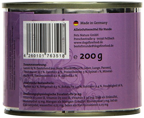 dogz finefood Hundefutter nass - N° 10 Lamm - Feinkost Nassfutter für Hunde & Welpen - getreidefrei & zuckerfrei - hoher Fleischanteil, 6 x 200 g Dose