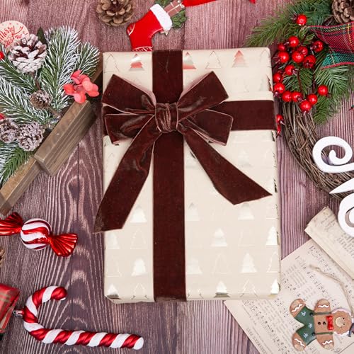 Image of QIANF Vintage Brown Velvet Ribbon Chocolate Christmas Ribbon for Gift Wrapping Crafts Christmas Tree Ornaments Garland Decorations, 1-1 /2 Inch X 25Yd