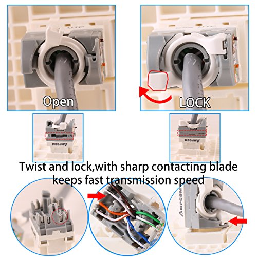 AMPCOM 10-Pack CAT5e RJ45 Tool-Less Keystone Jack, No Punch Down Tool Required UTP Module Connector Blue