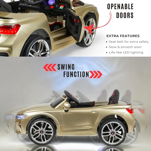 Image of MEKASHI Electric Ride-On Car for Kids 1-7 Years, 12V Battery, Remote Control, 5 Speed, LED Lights, Bluetooth, Metallic Gold