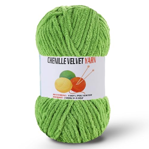 Image of Fluffy Chenille Yarn for Crocheting, Chunky Velvet Yarn for Crochet Amigurumi, Used for Making Baby Yarns Blanket, Clothes, Pattern Knitting Creations (1-Grass Green)