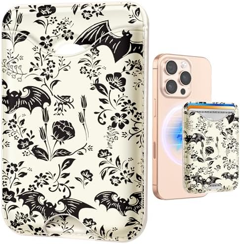 Shorogyt Compatible with Magsafe Wallet Magnetic Card Holder - Phone Wallets Cute Bat Flower Design for Women Teen Girls Slim for iPhone 16/15/14/13/12 Series for Apple Mag RFID Magnet, Fit 3 Cards