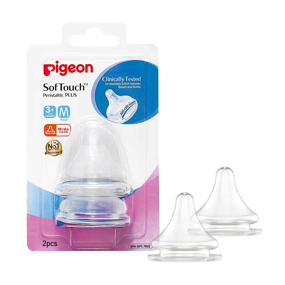 Pigeon Softouch Peristaltic Plus Wide Neck Nipple (M), Blister Pack, 100% Silicone Nipple, Super Soft And Flexible, 2 Pieces