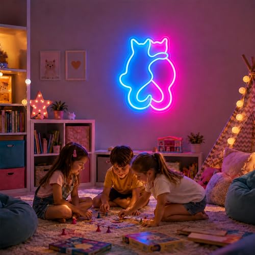 Image of Pink&Blue Neon Sign Led Neon Lights Signs for Wall Decor USB Powered Led Signs for Room Decoration-Double Cat
