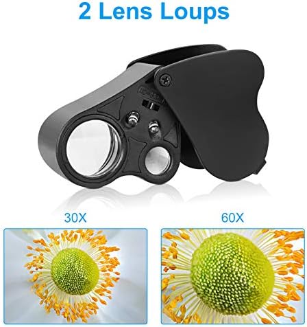 2 Pack LED Jewelers Loupe, 30X 60X 90X Portable Eye Illuminated Loupe Magnifier with LED Light Magnifying Glass for Craft Work Jewelry Coins Gems Stamps Watches Rocks