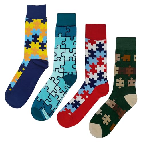 Puzzle Dress Socks 4 Pack Funny Novelty Crazy Fun Design Men Size 8-12 Cotton Casual Crew Colorful Funky Fancy Socks Gift for Men
