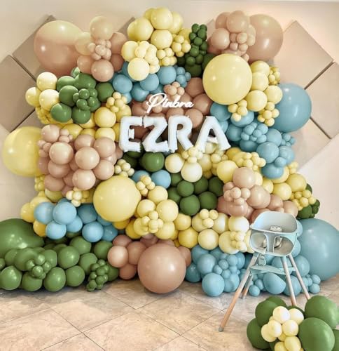 Image of Sage Green Dusty Blue Yellow Balloons, 60 Pcs Olive Green Slate Blue Macaron Yellow Apricot Balloon Helium for Birthday Wedding Engagement Bridal Wild Bee Bear Theme Baby Shower Party Decorations