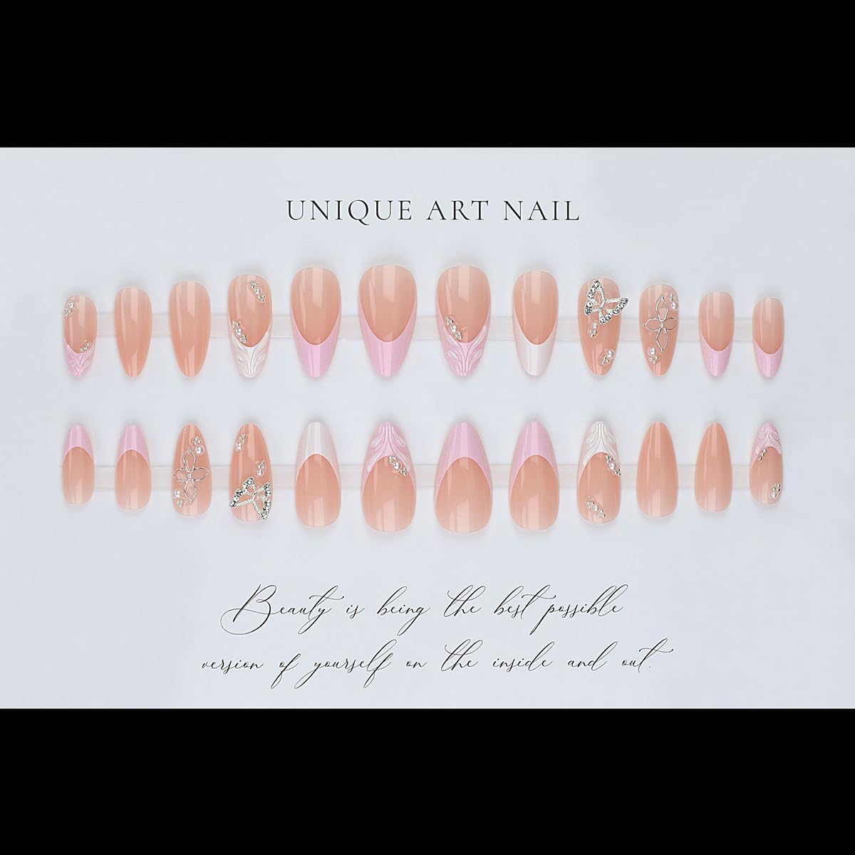 French Tip Almond Press On Nails With 3d Gild Cross Charms Kit_voghion.com