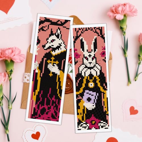 Image of ACRNIGHEET 6PCS Cross Stitch Bookmark Kit for Beginner Stamped Cross Stitch Kits for Adults Gothic Animals DIY Embroidery Bookmark Kits Needlepoint Kit with Instructions Hand Craft Gift 8.5''x3'' 11CT