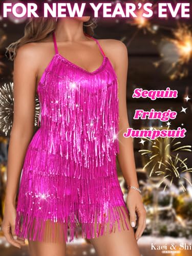 Image of Kaei&Shi Sequin Fringe Romper,Sparkly Glitter Metallic Jumpsuits For Women,Backless Shorts Dress Disco Birthday Dance Outfit
