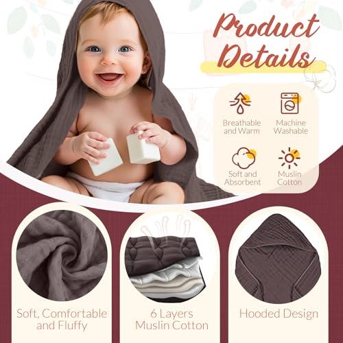 Image of VitalCozy 12 Pcs Baby Muslin Hooded Bath Towels and Washcloths, Muslin Hooded Baby Towels Absorbent Blankets for Gift Newborn Infant Shower (Neutral Colors)