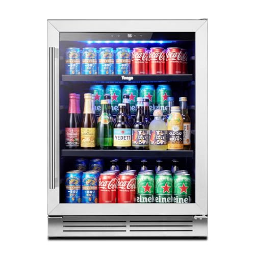 Yeego Beverage Refrigerator & Drink Fridge - 24 inch 180 Cans Beer Cooler Glass Door, 34-54℉ Under Counter Refrigerator Built-in for Drink Soda Wine for Bar Office Bedroom