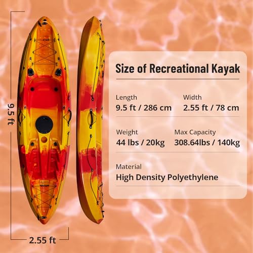 Image of PioneerWorks Kayaks, Sit On Top Fishing Kayak with Front Storage Well, Fishing Kayak with Paddle for Adults, Capacity of 308LBS, Hard Shell Recreational Kayak Boat