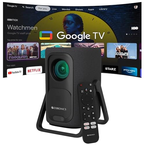 Zebronics Official Google TV Projector, 7500 Lumens, 4K Support, 200” Display, Auto Focus & Keystone, 270° Tilt, Portable Home Theater Cinema,Netflix, Prime, WiFi, BT, HDMI ARC (PixaPlay 77G)