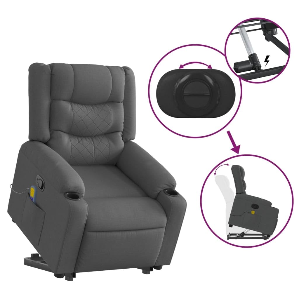Sillón elevador de personas con masaje reclinable, color gris oscuro, tejido con 6 puntos de masaje y función de elevación eléctrica, silla relax para adultos con reclinación manual