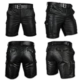 Rising Bloom Men's Real Leather Belted Cargo Shorts Club Wear Shorts Casual Shorts with Pockets (as1, Waist, Numeric_40, Regular) Black