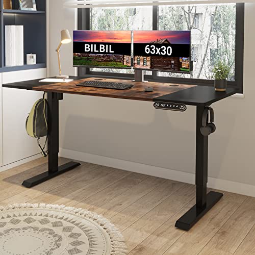 Bilbil 63 X 30 Inches Electric Standing Desk, Height Adjustable Sit Stand Table With Splice Board, Stand Up Home Office Desk, Black Frame/Black And Rustic Brown Top #TOP6