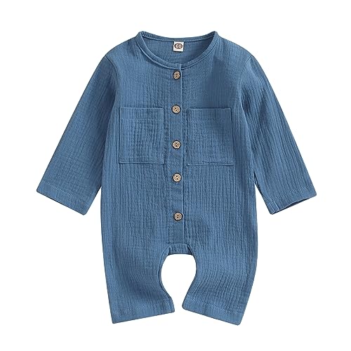 Image of Kurylemon Toddler Baby Long Sleeve Linen Romper Solid Color Button Jumpsuit with Pocket Newborn Infant Boy Clothes