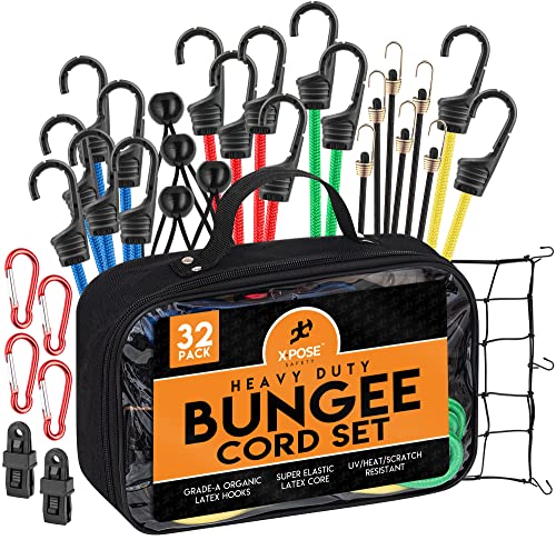 Image of Heavy Duty 32pc Bungee Cord Set with Hooks, Canopy Ties, Luggage Net & Organizer Bag - Assorted Sizes (18 inch, 24 inch, 32 inch, 40 inch) for Outdoor, Bike Racks, Motorcycles