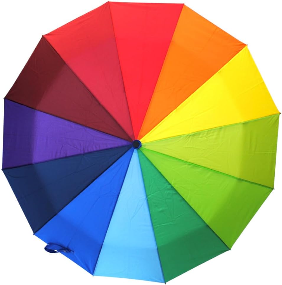 COLLAR AND CUFFS LONDON Rare 12 RIB Compact Rainbow Umbrella for Rain - 50MPH - Best for Auto Open Close - Strong Windproof Frame with Fiberglass - Travel Backpack Multicoloured Bright