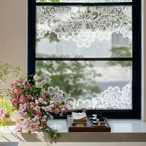 Alwayspon 2 calcomanías no adhesivas de encaje blanco nieve, película de vidrio para ventana, estilo artístico de doble cara, vinilo estático extraíble, calcomanías de privacidad, película de vidrio