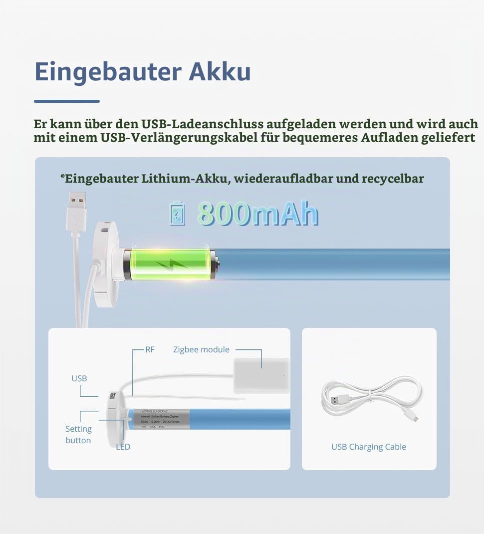 Wiederaufladbarer Zigbee-Rollomotor für17/25/28mm-Rohre, intelligenter Jalousienmotor,automatischer Vorhangöffner mit App/Sprache,Tuya Zigbee-Hub erforderlich(Motor,16Wege-Fernbedienung)