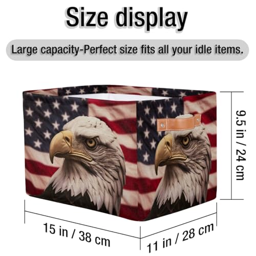 Image of Retro American Flag Storage Baskets for Organizing, Fabric Collapsible Storage Bins Box Bald Eagle Decorative Toy Organizer Baskets for Closet Shelves Gift Basket 2Pcs