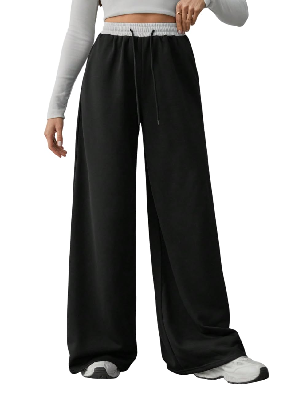 Straight Long Length Trouser Style Drawstring Contrast Belt Black and White Trackpant for Women/Trending, Relaxed Casual Lowers for Women-image-43