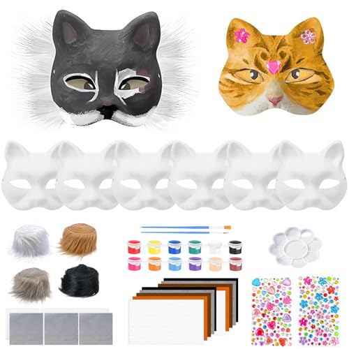MoguGo Therian Mask DIY Set 6 Stück Katzenmaske zum Bemalen Leere Therian Katzenmasken zum Basteln DIY Papier Maske für Cosplay Halloween Maskerade