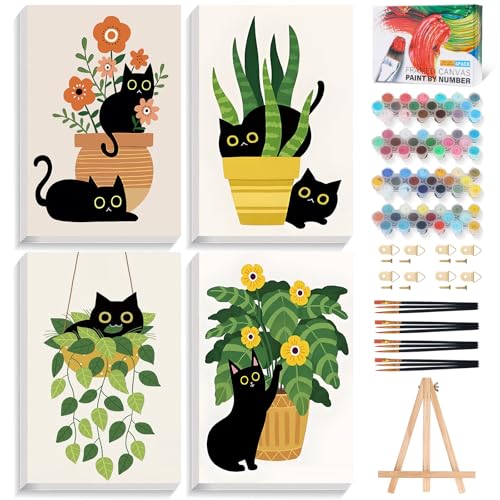 4 Pack Paint by Numbers Kit for Adults with Frame Cat Framed Paint by Number for Adults Beginner with Wooden Easel Green Plant DIY Painting by Numbers Canvas Framed for Home Decor 8 x 12 Inch