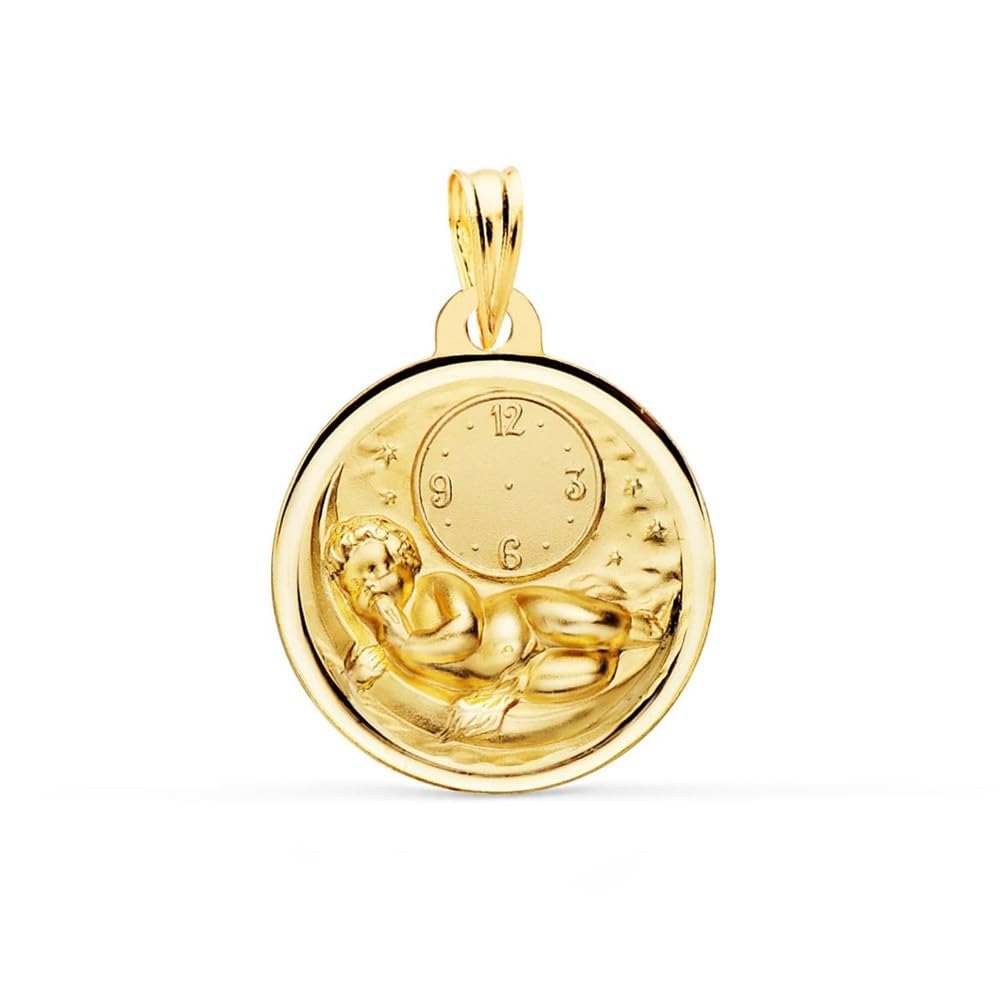 Medalla en Oro 18k con niño recién nacido hora detalle cielo estrellas bisel