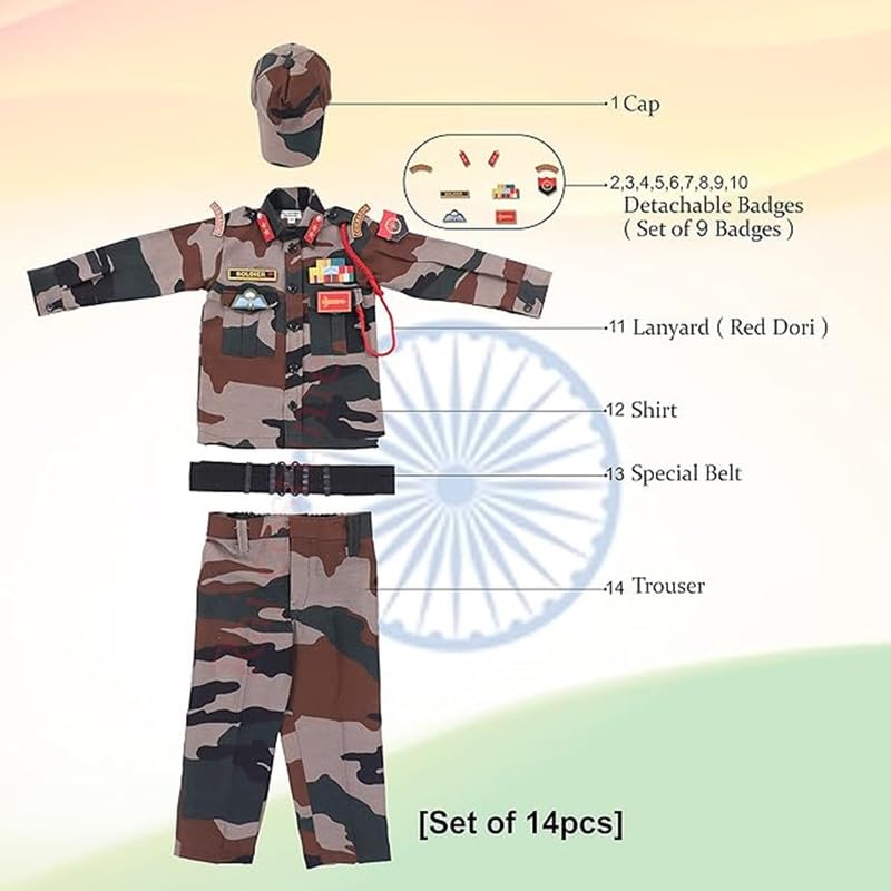 Image of Army Dress for Kids | Indian Military Soldier Fancy Dress Costume | Polyester Fabric | Army Uniform for Boys & Girls | School Fancy Dress, Role Play, Independence Day & Republic Day