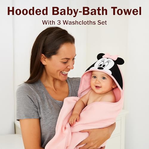 Image of Disney Baby Girls Minnie Mouse Hooded Baby-Bath Towel with 3 Washcloths Set for Newborn and Infants