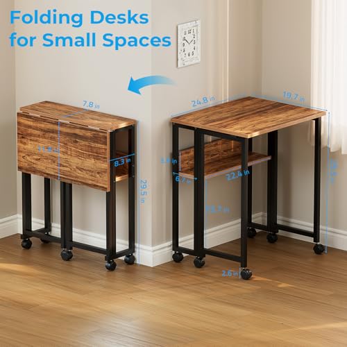 Image of GreenForest Folding Desk with Wheels, 24.8 Inch Compact Rolling Computer Table with Storage Shelf, Portable Mobile Workstation for Small Spaces, Easy Assembly,Walnut