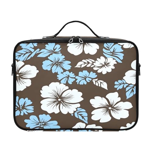 zyrtty Travel Makeup Train Case Blue White Flowers Brown Cosmetic Organizer Portable Storage Bag with Adjustable Dividers for Cosmetics Brushes Toiletry Jewelry Digital Accessories