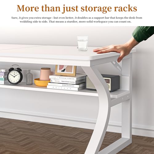 Image of 47 inch Computer Desk, Home Office Desk with Storage Shelf, Sturdy U-Shaped Metal Frame Study Table with Cable Management, Gaming Desk for Office & Bedroom (White, 47inch)