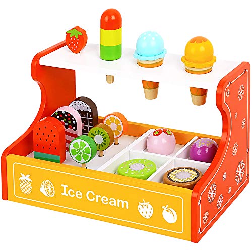 Toy Chest Nyc Wooden Ice Cream Parlor Playset for Kids 3 Years and Up - 15-Piece Ice Cream Toys with Ice Cream Counter, Frozen Treats, Ice Cream Toppings, Frozen Fruit Pops, Ice Pops, and Cones