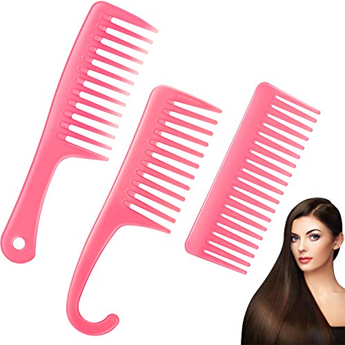 3 Pieces Wide Tooth Combs Set, No Handle Detangler Comb Large Teeth Detangler Comb Shower Salon Shampoo Hook Comb for Detangle Curly Long Wet Straight Hair (Pink)