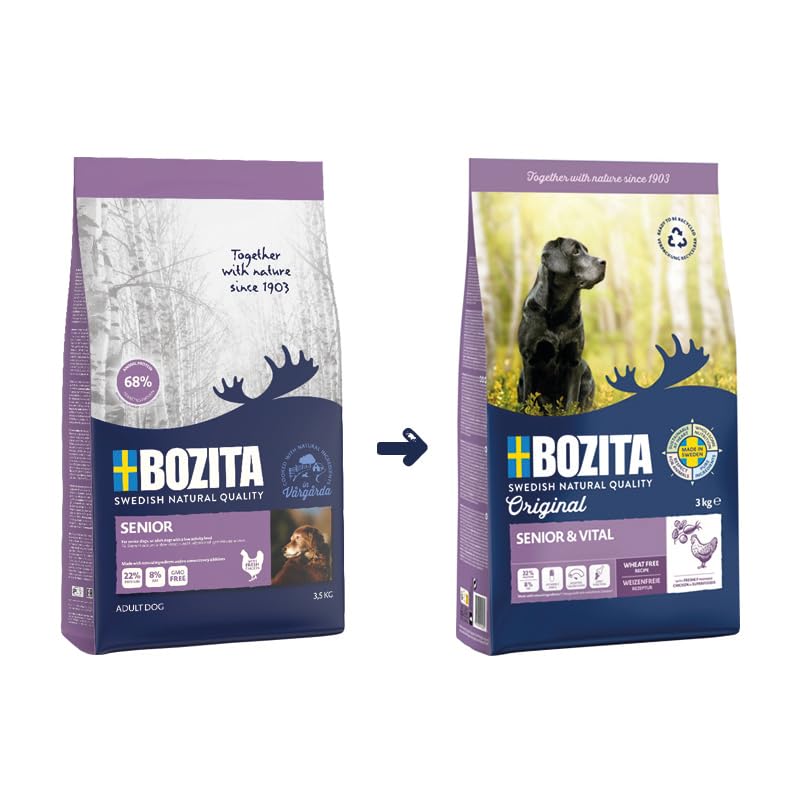 Bozita Hundefutter Original Adult Senior Huhn – 3 kg weizenfreies Trockenfutter für ältere Hunde oder Hunde mit geringerem Aktivitätsniveau – Vollwertige Ernährung für EIN vitales Seniorenleben