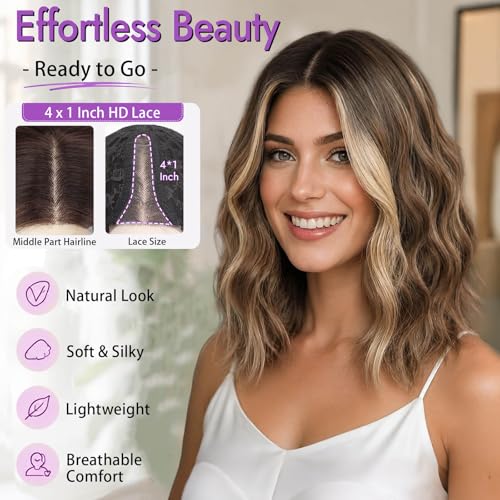 Image of Eawwii Ombre Light Brown With Blonde Short Wavy Wig for Women Lace Hairline Bob Style Synthetic Heat Resistant - Natural Appearance for Everyday Hairstyle 14 Inch