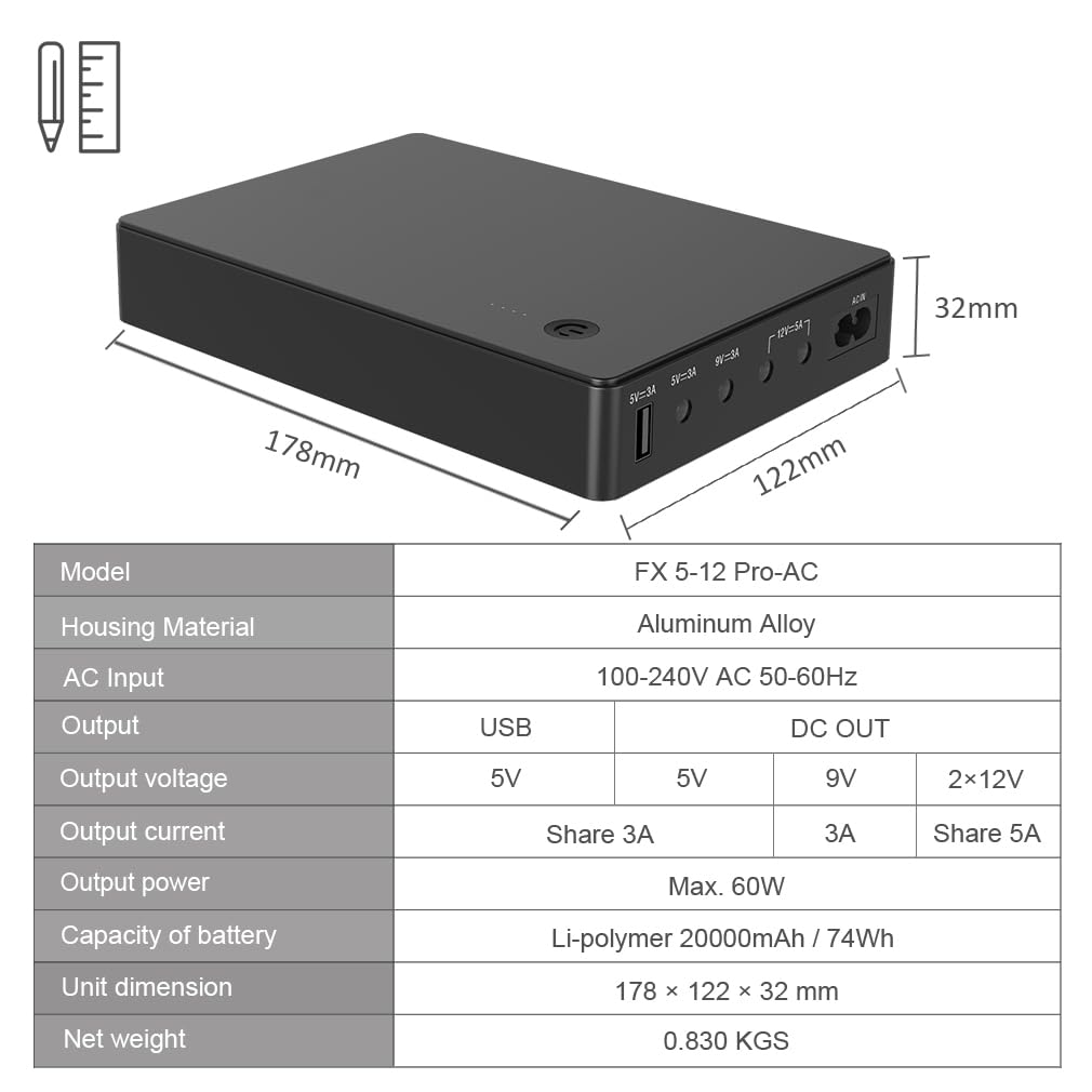 Mini UPS Gruppo di Continuità per Router, Modem, Camera con Ingresso AC Uscita USB 5V DC 5V 9V 12V 3A (74Wh)