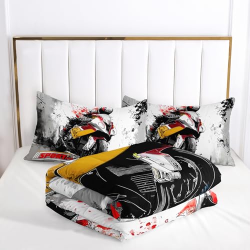 Image of Motorcycle Race Comforter Set Queen Size for Boys,Kids Sports Themed Queen Size Bedding Set,Sport Quilt for Boys,with 1 Comforter with 2 Pillow Case