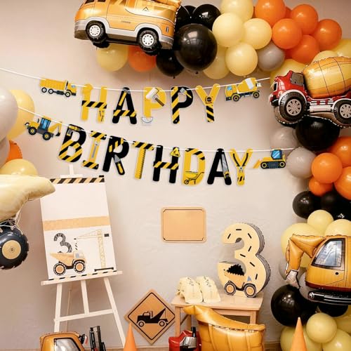 Image of Hooqict Happy Birthday Banner Construction Birthday Party Supplies for Kids Boys 1st 2nd 3rd Construction Party Banner Garland Decorations Excavator Dump Truck Tractor Sign