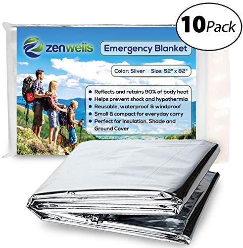 Zenwells Emergency Blankets Pack of 10 - Mylar Thermal Solar Blankets for Maximum