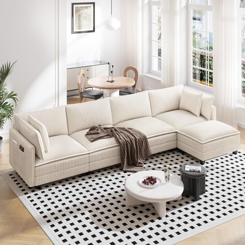Image of Vesgantti 143 inch L Shaped Modular Sectional Sofa, Comfy Corduroy Upholstered Modular Sectional Couches for Living Room, Modern Cloud Couch with Ottoman Deep Seat, Beige