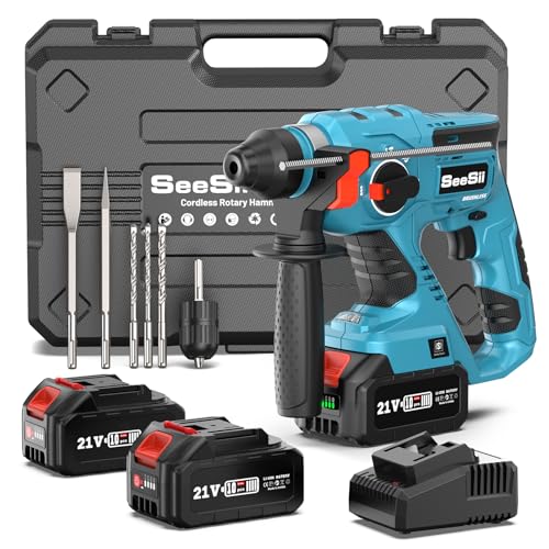 Seesii Cordless Rotary Hammer Drill, Battery Power Hammer with 2x4.0Ah Batteries SDS-Plus Change Adapter Including 3 Drill Bits, Flat/Point Chisels Lightweight Electric Hammer Drill for DIY projects