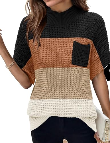 Women 2024 Sweater Vest Mock Neck Batwing Short Sleeve Oversized