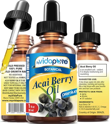 MYVIDAPURE Pure ACAI BERRY OIL Virgin Unrefined Wild Growth Raw Undiluted Brazilian. 1 Fl.oz.- 30 ml. For Skin, Hair, Lip and Nail Care